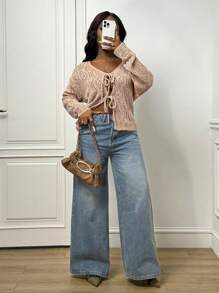 Slaydiva 2025 New Oatmeal Textured Knit V-Neck Tie Front Cardigan, Suitable For Music Festivals, Easter, St. Patrick's Day, Western, Nomadic, Birthday Party, Graduation, Casual, Vacation, Cruise, Street Fashion, Minimalist Autumn Winter Clothes For Women - Apricot - View 2