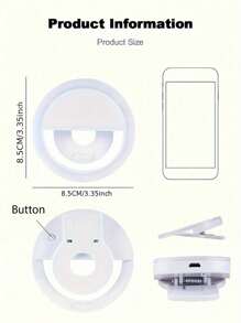 SHEIN 1pc USB Rechargeable Selfie Ring Light LED With 3 Brightness Modes, Comes With USB Charging Cable, Suitable For Selfie Ring Light Supplementary Lighting Night Dark Selfie Enhanced Mobile Phone Photography, Portable Fill Light For Live Streaming