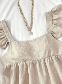 SHEIN TEENGIRL Apricot Spring & Summer Vacation Cap Sleeve A-Line Textured Fabric Shirt, For Music Festival, Bohemian, Holiday, Afternoon Tea Date Babydoll Top Ruffle Top Summer Top Teen Girl Summer Top Cute Summer Top Ruffle Tank Top