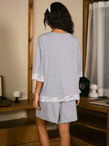 Retro Casual Boyfriend Style Lace Print Women Pajama Set - Grey - View 2