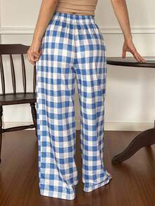 DAZY 女式简约格纹印花松紧腰宽松阔腿休闲裤，秋季睡衣 - 藍白色 - 查看 2