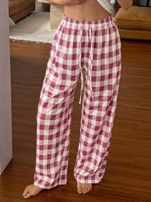 DAZY Minimalist Plaid Drawstring Waist Casual Lounge Pants, Fall & Winter Pajama, Cozy - Pink - View 5