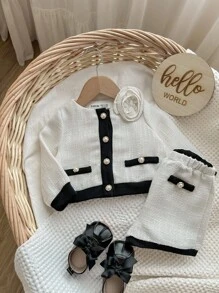 Baby Girls Elegant Contrast Binding 3D Floral Decor Woven Jacket And Elastic Waist Shorts Set, Autumn/Winter - White - View 4