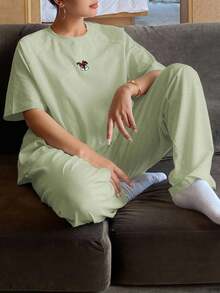 DAZY 简约可爱卡通图案印花插肩袖宽松睡衣套装 - 薄荷綠 - 查看 4