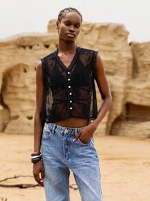 Lumivelle Women's Semi-Sheer Embroidered Mesh Sleeveless Shirt, Short Style, Summer - Black - View 3