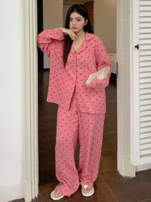 Dazy Plus Plus Size Heart Print Turndown Collar Loose Top & Pants Pajama Set, Home Wear, Fall Winter Clothes Valentine's Day - Watermelon Pink - View 7