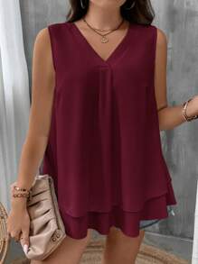 EMERY ROSE Plus Size Women's Solid Color V-Neck Casual Versatile Everyday Outing Shirt - Burgundy - View 4