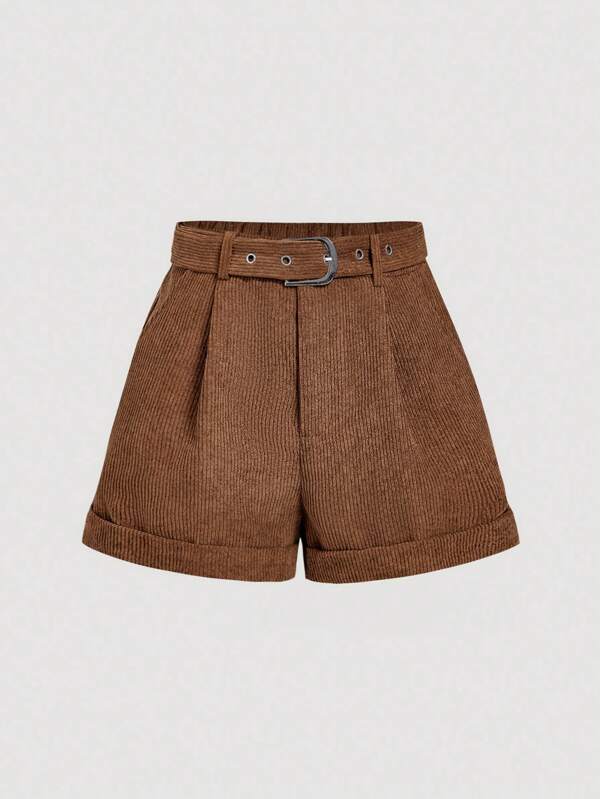 SHEIN MOD Braune High-Waist-Shorts aus gerafftem Cord