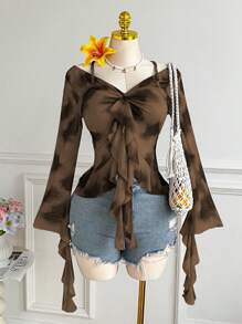 Comfortcana 大码女式扎染荷叶边扭纹细节露肩长袖衬衫，浪漫春天 - 棕色 - 查看 5