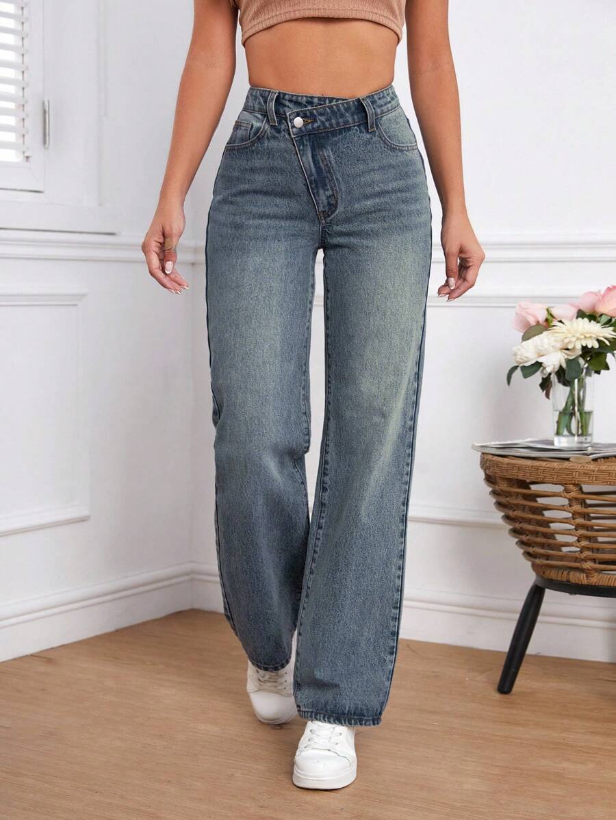 SHEIN Tall 女式不对称腰带口袋直筒宽松牛仔裤 - 霧霾藍 - 查看 1