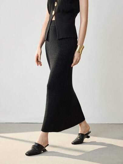 Uhlyne 优雅中腰长款纯色针织超长裙，适合女士、派对和聚会、夏季/秋季