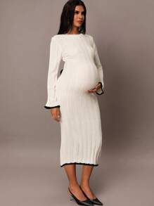 MaterniChic 女式长袖露背蝴蝶结针织连衣裙，秋冬款，孕妇毛衣裙 - 黑與白 - 查看 7