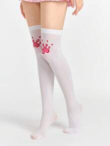 ROMWE Anime 1 双可爱简约猫爪图案过膝袜，Y2K 学院风纯白色及膝袜，超薄弹力不透明紧身裤 - 彩色 - 查看 3