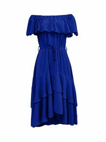 INAWLY فستان نسائي قصير الأكمام ذو الأكتاف المكشوفة ، صيفي - الأزرق - مشاهدة 3