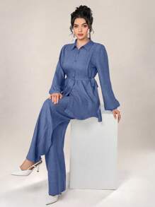 Mulvari Women 2pcs Set Front Button Long Sleeve Casual Blouse And Trousers 2 Pieces Set Modest - Blue - View 5