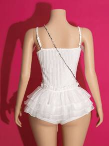 Slaydiva 新款夏季甜美辣妹休闲街头婚礼季毕业季宴会日常约会派对吊带蝴蝶结装饰荷叶边多层蛋糕裙欧根纱蓬蓬裙迷你裙A字裙 - 白色 - 查看 3