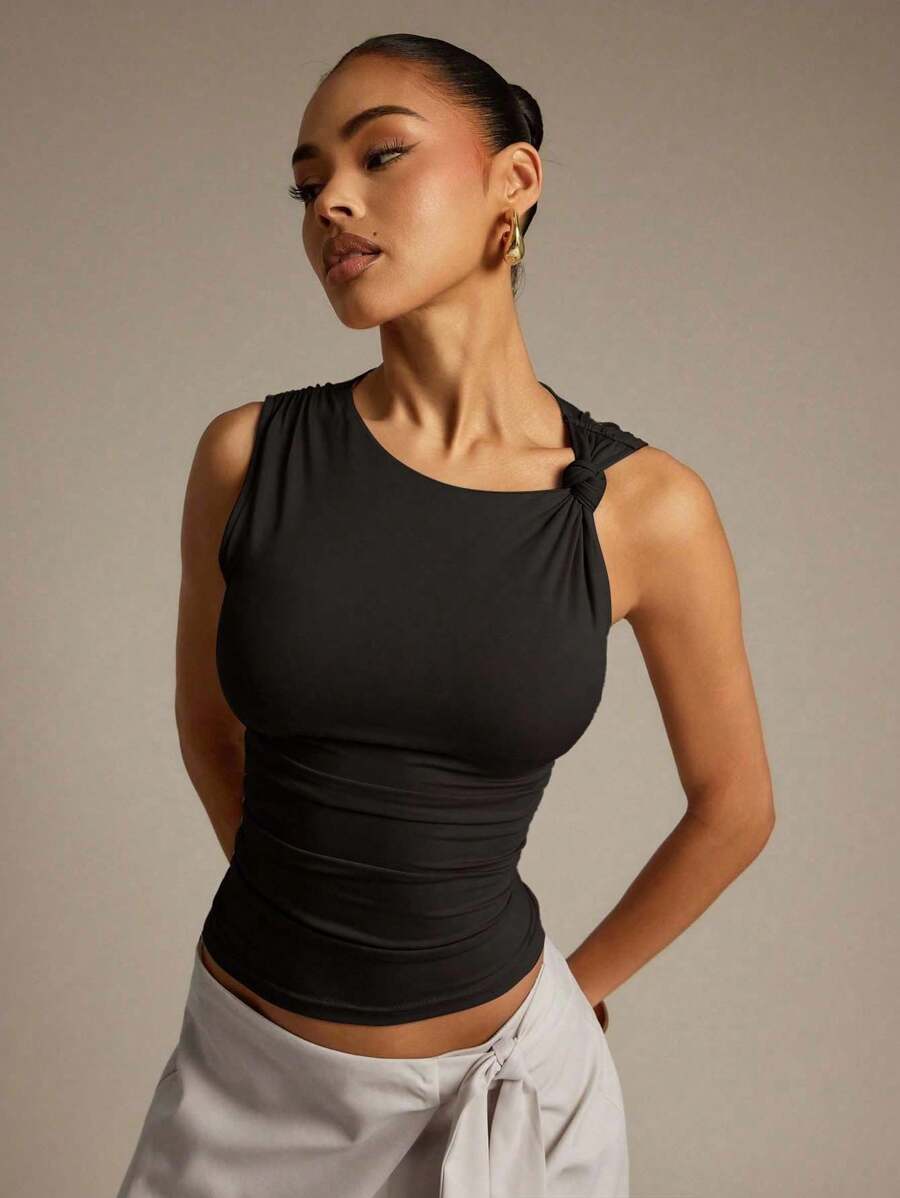 Hauture 女式纯色扭纹不对称领无袖上衣，修身款夏季 - 黑色 - 查看 1