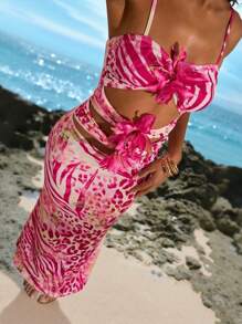 Opulessa Đầm xòe đuôi cá khoét ngực họa tiết hoa 3D thời trang cho nữ - Màu xanh lam - Xem 3