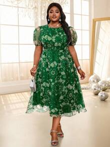 Fleurora Vestido de Linha A com Manga Bispo, Gola Redonda, Tricô Colorido e Chifon, Elegante Vintage para Trabalho, Casamento, Coquetel, Festa e Formatura, Plus Size - Verde - Visão 3