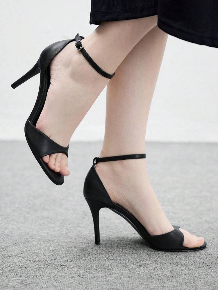 CUCCOO BIZCHIC Women Black Round Toe Slim Heel Minimalist High Heel Sandals Shoes