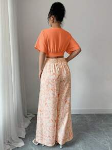 Calvaya 2pcs/Set Women Summer V-Neck Short Sleeve Button Blouse & High Waist Wide Leg Pants