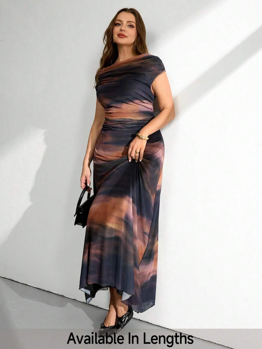 SHEIN Tall CURVE Robe longue avec imprimé tie dye élégante et coupe queue de poisson pour grandes tailles, robes de soirée pour femmes - Multicolore - Voir 1