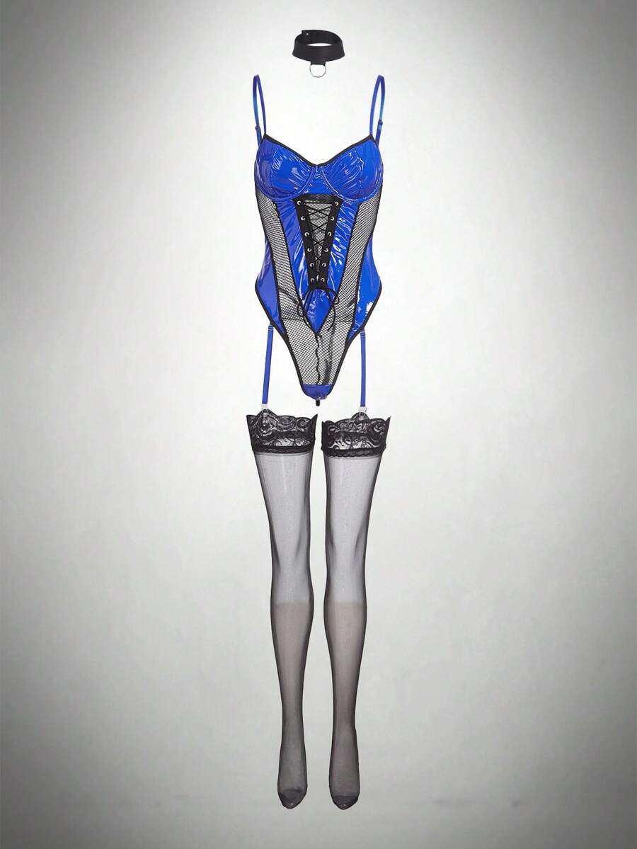 SHEIN 4pcs Set Sexy Women's PU Leather Patchwork Hollow-Out Bodysuit & Stockings, Going Out - Multicolor - View 1