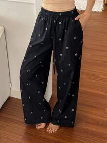 DAZY 可爱蝴蝶结图案印花宽松睡裤，适合秋冬季节 - 黑色 - 查看 5