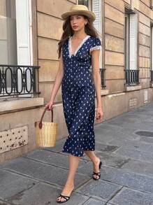 Pariaura French Lace Patchwork Mini Ditsy Floral Dress - Navy Blue - View 3