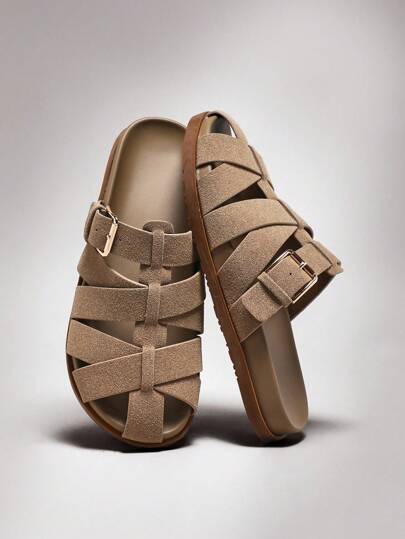 Denimoi 女士复古罗马风格编织一脚蹬平底凉鞋