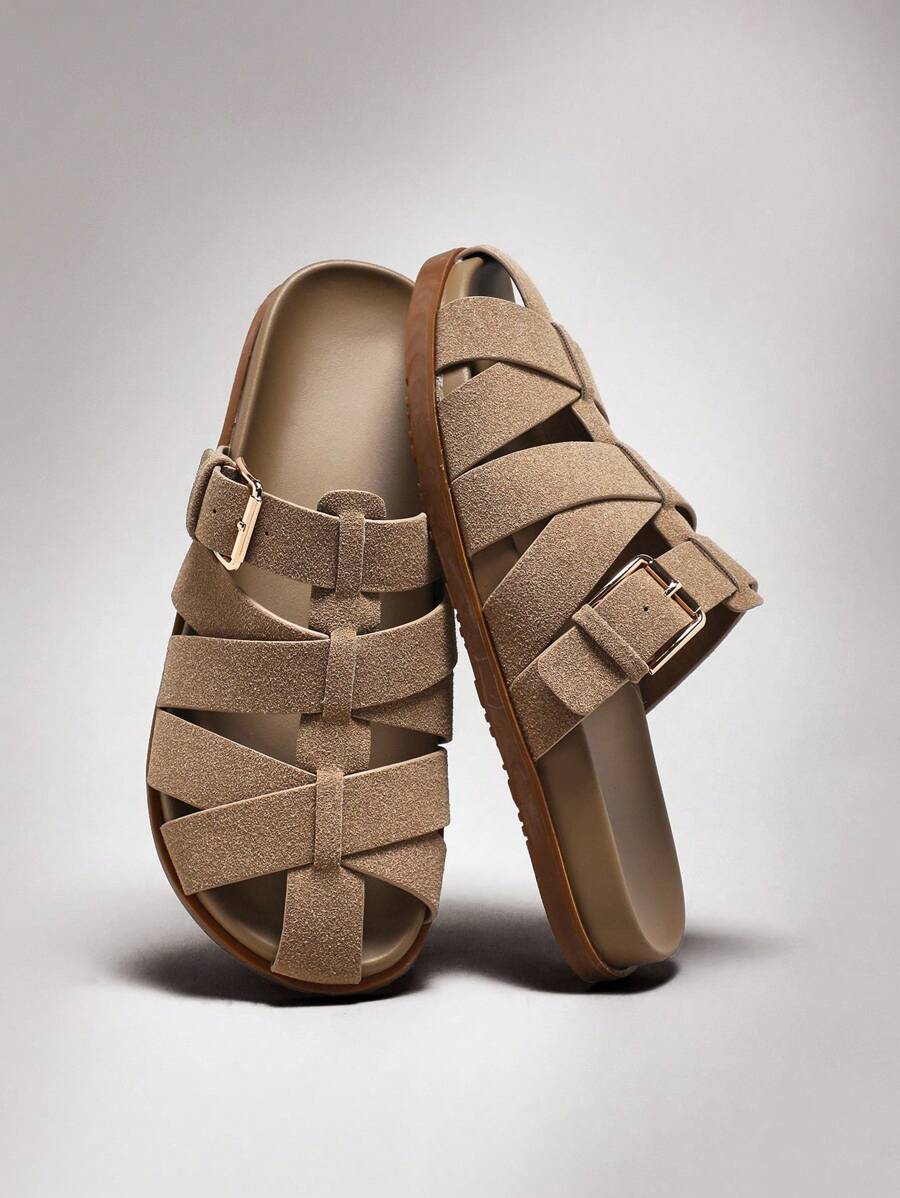 Denimoi 女士复古罗马风格编织一脚蹬平底凉鞋 - 米色 - 查看 1