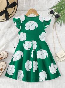Vestido de cintura alta con estampado floral todo sobre todo, volantes en las mangas para el estilo de vacaciones de verano - Verde - Ver 2