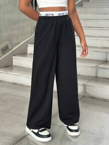 SHEIN Tween 女童休闲黑色针织字母印花腰直筒裤，开学季 - 黑色 - 查看 3