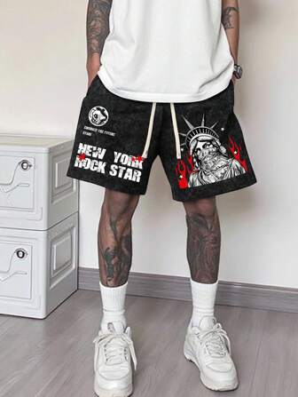 Street Life Pantalones cortos sueltos y casuales para hombres con cintura con cordón y bolsillo con estampado de eslogan