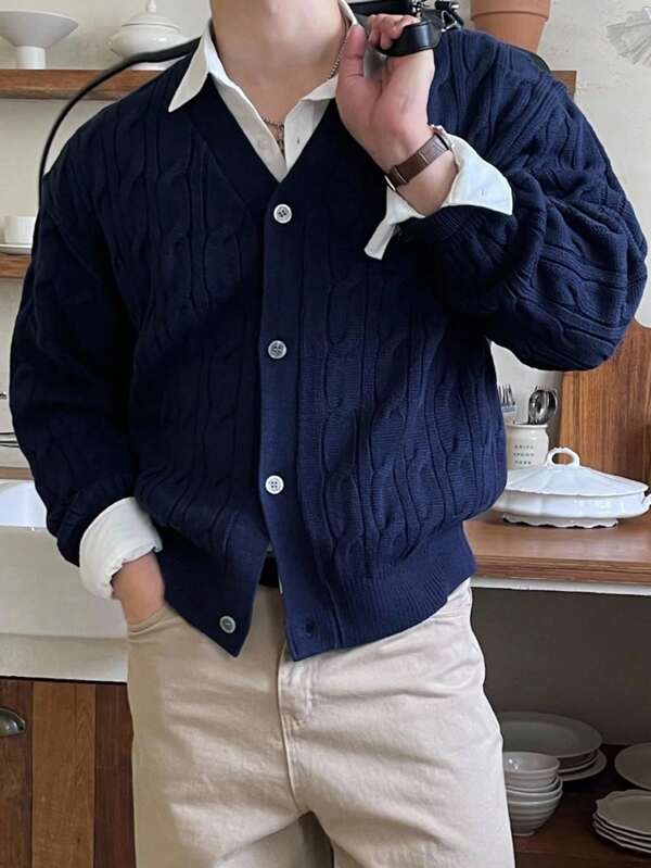 DAZY Spring/Autumn Embroidered Jacquard Knit Cardigan In Navy Blue For Men