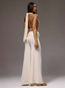 MUSERA 低胸系带领口，腰部镂空打结设计，交叉前襟直筒裤型，夏季性感，适合伊比沙岛度假、可爱休闲、秋季约会、晚宴等场合。 - 米色 - 查看 4