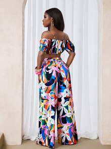 BamGleam Set 2 bucăți/set pentru femei, vară, casual, vacanță, culori contrastante, imprimeu botanic, mâneci bufante, camisol cu umăr gol și pantaloni largi, îmbrăcăminte de vară pentru femei, ținută de vacanță relaxată
