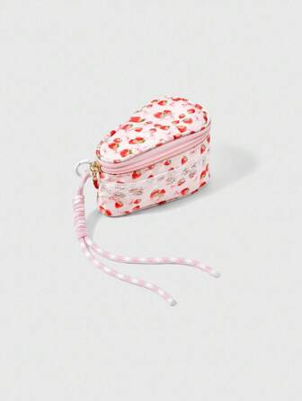 Kawaii Bolsa de maquillaje con forma de pastel de fresa, moño y perlas en color rosa, elegante y portátil para niñas