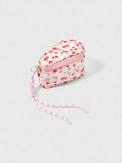 Kawaii Fashion Pearl Pink Bow Strawberry Cake Makeup Bag, Girlish And Portable Mini Cosmetic Bag