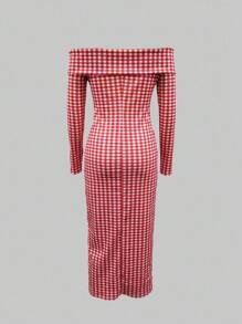 INAWLY Women's Off-Shoulder Pink Plaid Simple Casual Mini Dress - Red - View 2