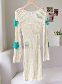 Comfortcana Women Summer Crochet Small Mesh Hollow Floral Decor Knitted Dress For Women - Apricot - View 2