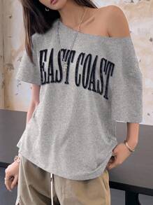 INAWLY Tee-shirt décontracté à manches courtes et épaules dénudées avec motif imprimé de lettres pour femmes