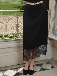 lacRébo 黑色缎面长裙配睫毛蕾丝拼接蕾丝黑色中长裙教师裙办公室服装秋季女装秋冬 - 黑色 - 查看 1