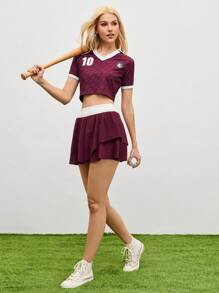 Cheerettes 女士几何印花短款 Polo 衫 - 紅色 - 查看 3