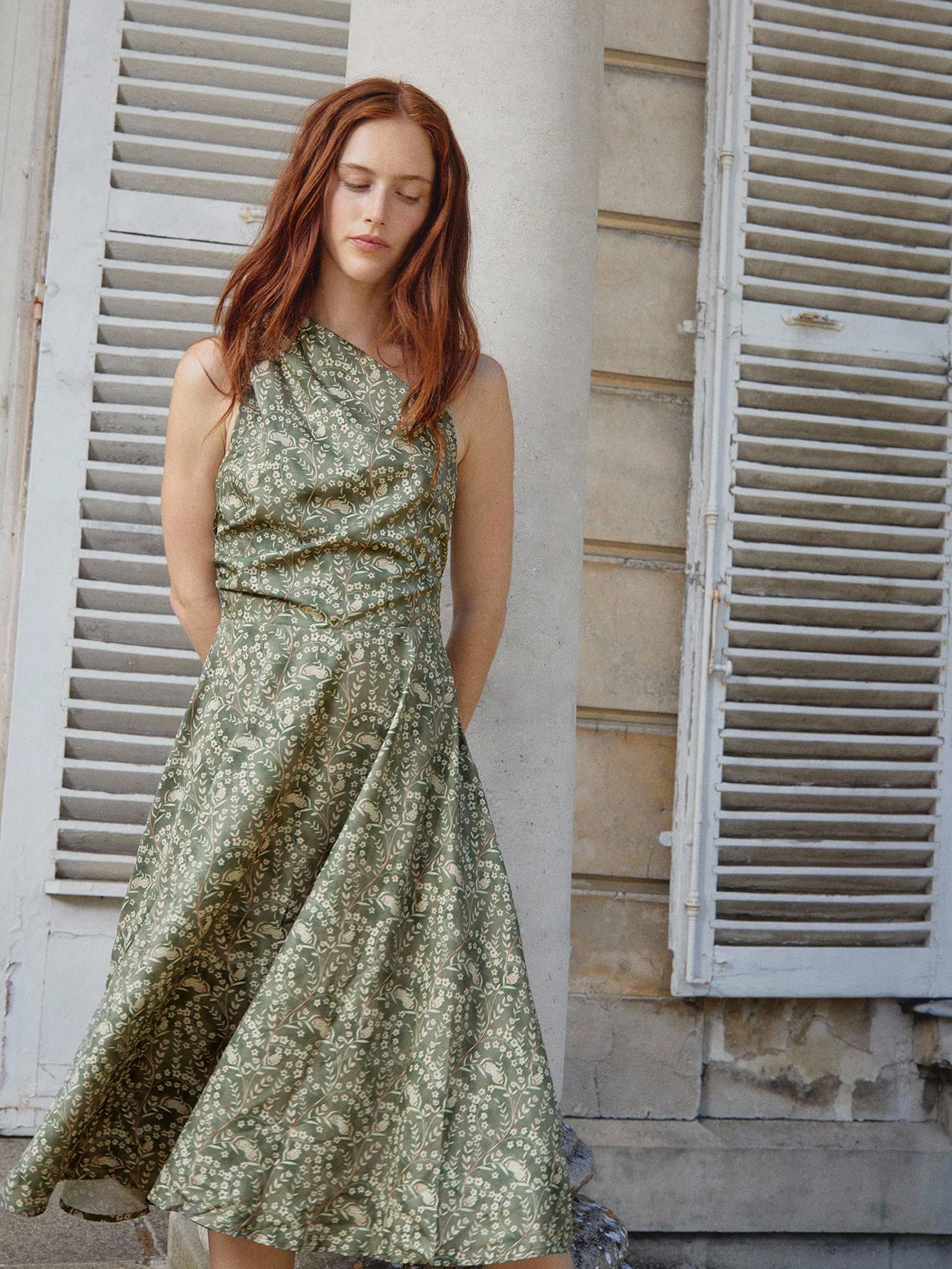 Asymmetric Halter Midi Dress With Olive Floral Print Autumn Dress Office Outfits For Women Teacher Dress Wedding Guest Dress Flowy Dress Spring Summer