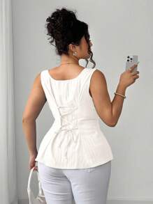 Elenzga Plus Size Women's Crew Neck Elegant French Style A-Line Waisted Blouse - White - View 2