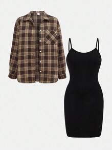 Girlism 2 件套青少年女孩运动复古学院风格子领宽松衬衫和黑色纯色吊带背心紧身短款迷你连衣裙，休闲街头风格春夏秋季开学装