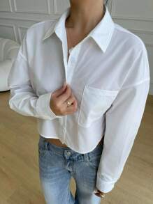 SHEIN Camicetta casual e versatile per ragazze adolescenti, manica lunga, con taschino, colletto alla coreana, bottoni, vestibilità morbida, design minimalista, adatta per il ritorno a scuola