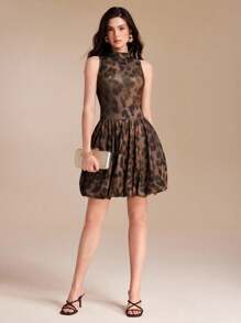 VERO DIAZ Leopard Print Balloon Mini Dress Mockneck Backless - Multicolor - View 7