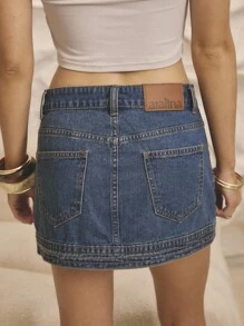 Aralina Winter / Summer Belted Seam Deatil Button Front Micro Mini Denim Skirt - Medium Wash - View 10